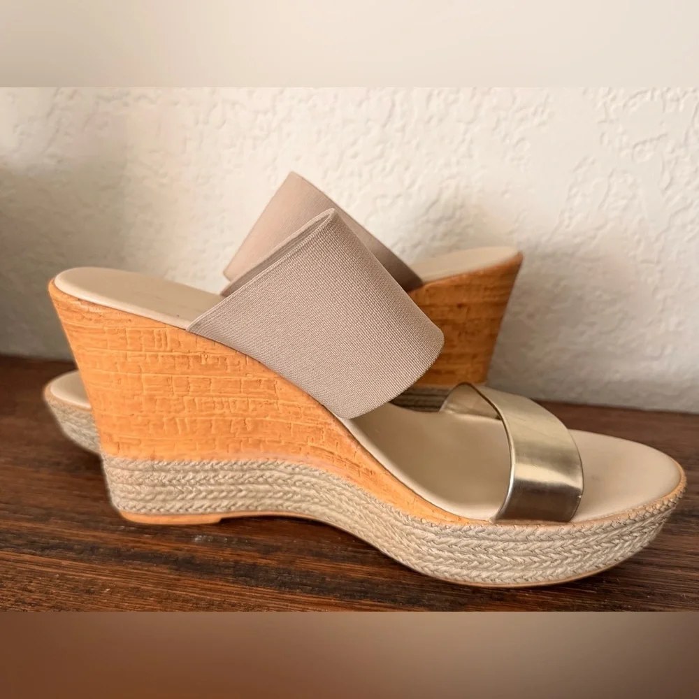 Contesa sandals, a beige fabric & golden wedges made in Italy Sz10